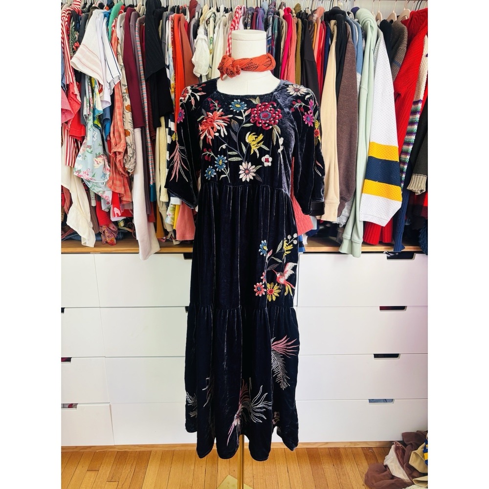 JOHNNY WAS Tiarei Velvet Raglan Tiered Dress Sz Xxs $445 - Picture 2 of 5